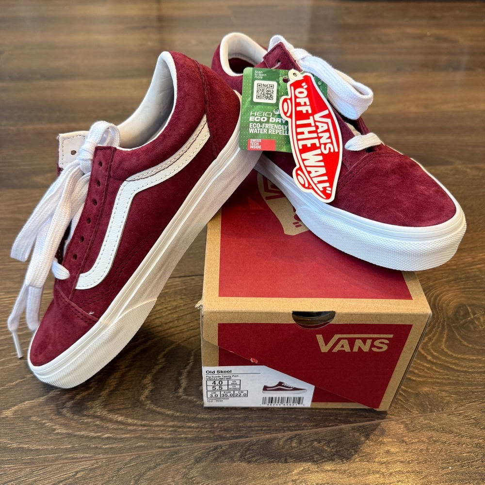VANS Burgundy & White Old School Suede Sneakers, youth sz 4
